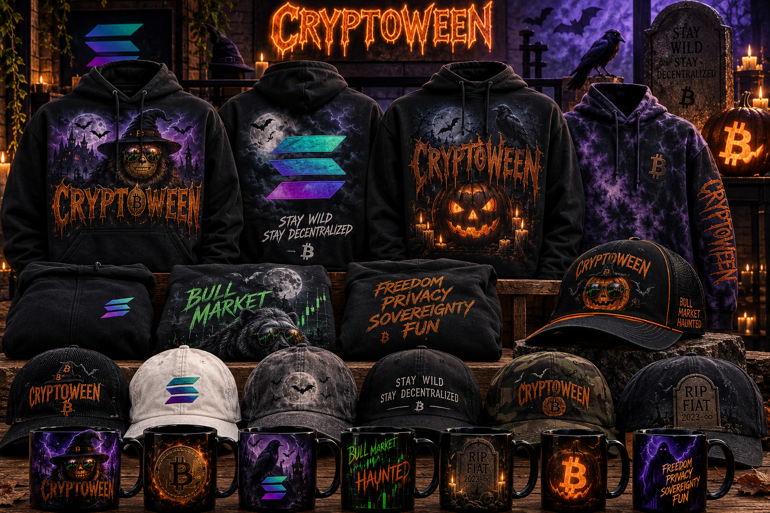 Cryptoween merch lineup of hoodies, caps and mugs displayed in a haunted graveyard scene