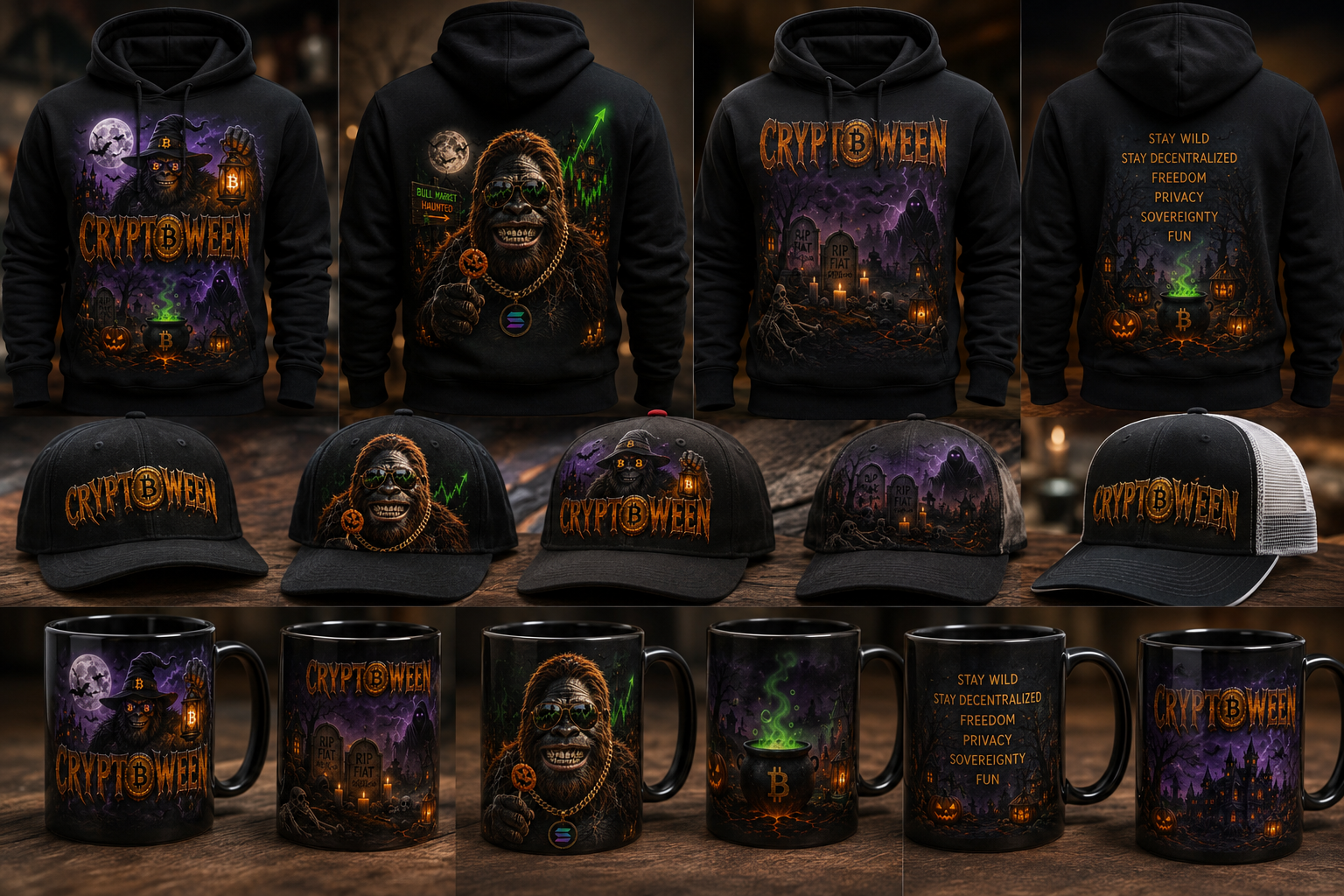 Cryptoween hoodies, baseball caps and coffee mugs with witch bigfoot and graveyard artwork