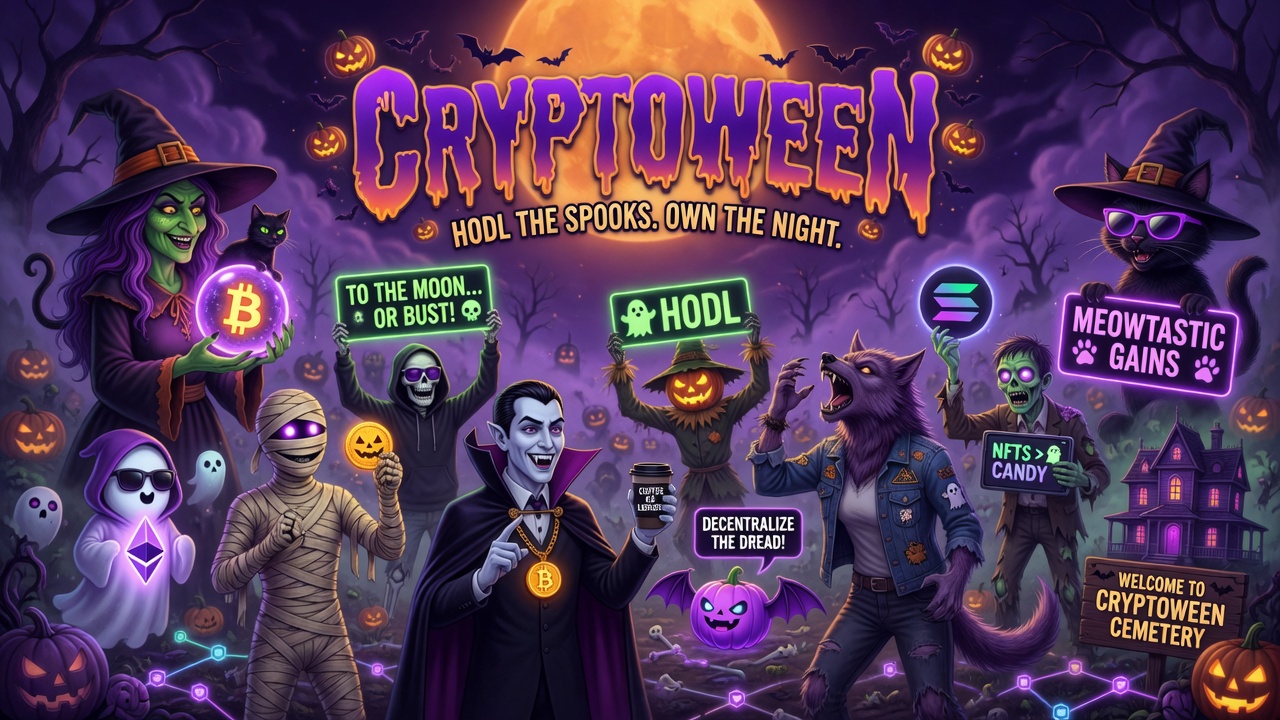 Welcome to Cryptoween Cemetery scene with vampire, werewolf, scarecrow, mummy and ghosts holding meme signs