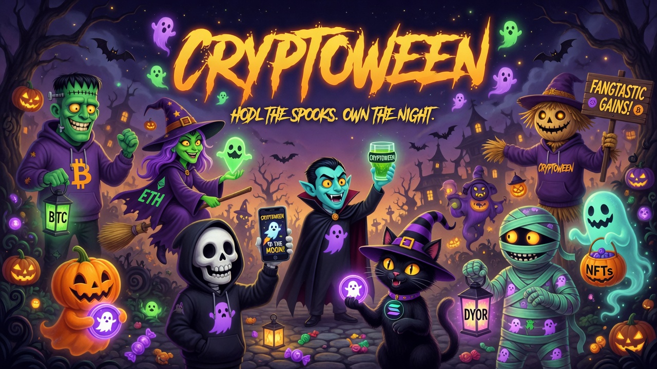 Cryptoween crew with Frankenstein, witch, reaper, vampire, black cat and mummy holding crypto lanterns
