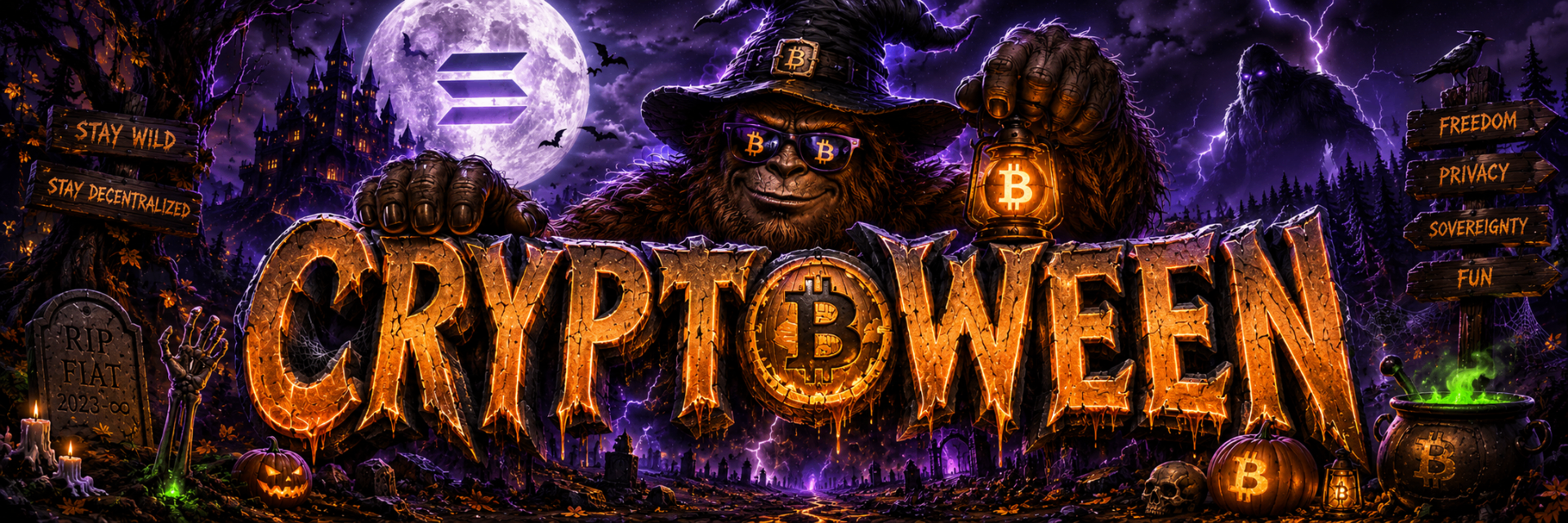 Cryptoween Halloween meme coin banner with a bigfoot witch holding a Bitcoin lantern