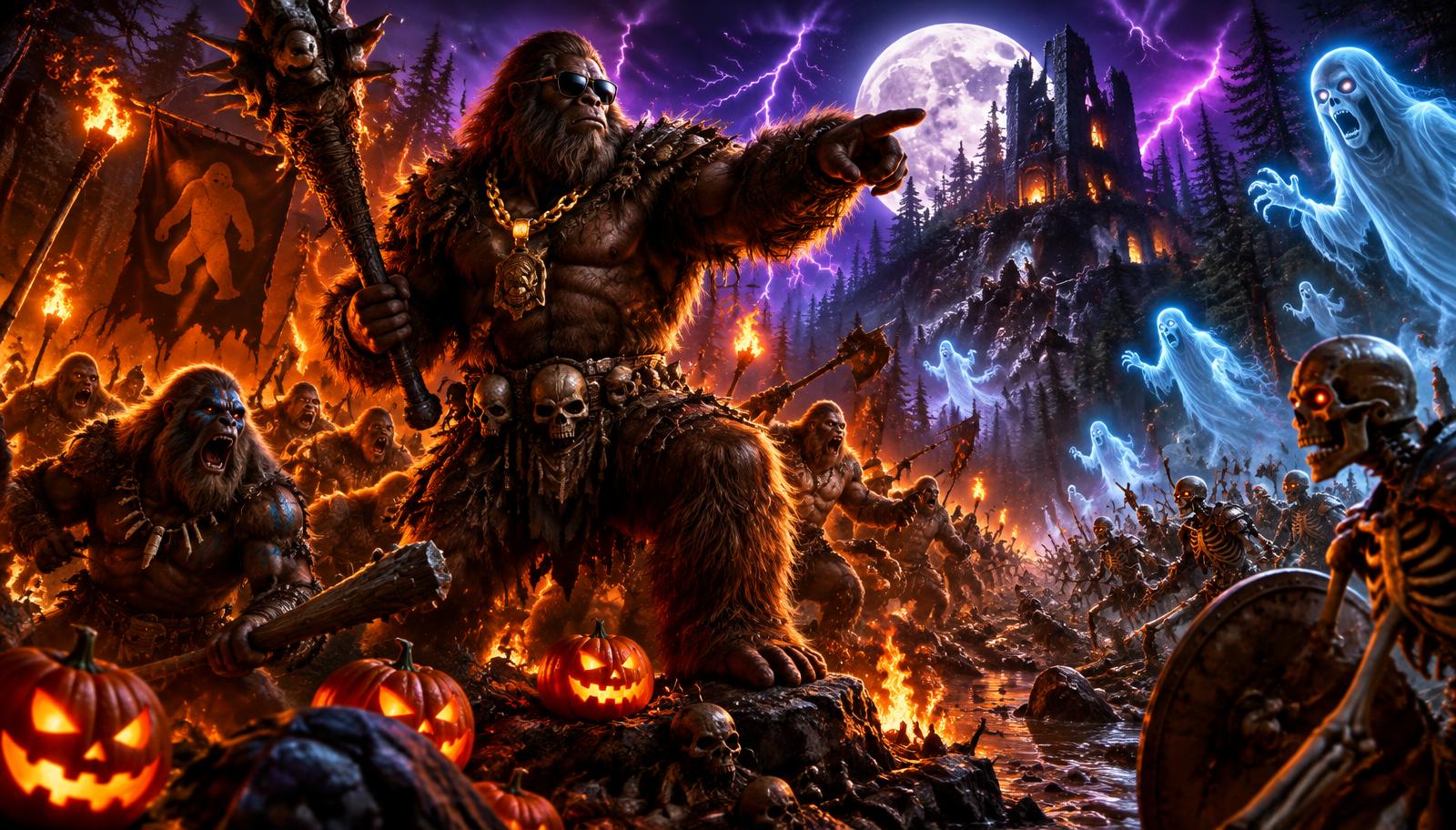 Bigfoot leading the Sasquatch horde into battle against the undead